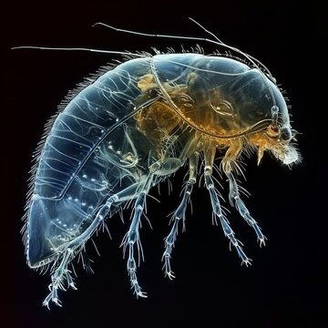Detailed Macro Photography of Cladocera, Transparent Aquatic Microscopic Creature on Black Background