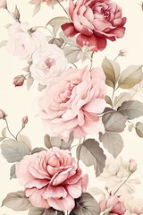 Pink Rose Floral Pattern, Mid-Century Cottagecore Wallpaper, Flower Garden Art, Greeting Card Concept, Rustic Poster Artwork Design