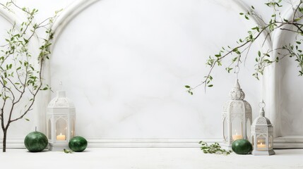 Lanterns with burning candles and green leaves on white marble background