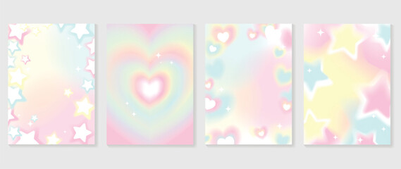 Abstract gradient Y2K style template cover vector set. Happy Valentine's Day decorate with trendy gradient heart, star, pastel y2k background. Design for greeting card, fashion, commercial, banner.