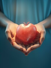 Woman holding heart shaped red apple on blue background. Generative AI.