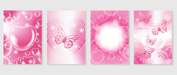 Abstract gradient Y2K style template cover vector set. Happy Valentine's Day decorate with gradient heart, butterfly, bubble, pink background. Design for greeting card, fashion, commercial, banner.