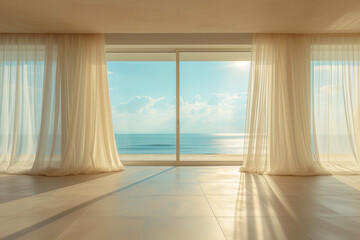 Obraz premium Empty room in luxury summer beach house with sea view behind curtains - Generative AI