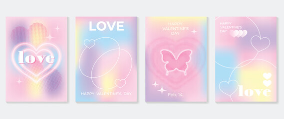 Abstract gradient Y2K style template cover vector set. Happy Valentine's Day decorate with trendy gradient heart colorful background, butterfly. Design for greeting card, fashion, commercial, banner.