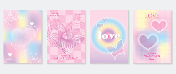 Abstract gradient Y2K style template cover vector set. Happy Valentine's Day decorate with trendy gradient heart colorful background, butterfly. Design for greeting card, fashion, commercial, banner.