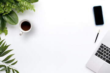 White office desk table with blank notebook, computer keyboard and stationary equipment. Top view, flat lay.