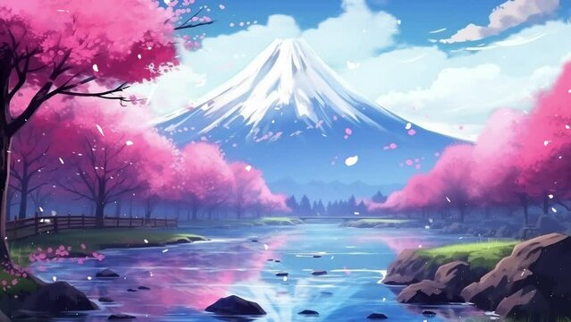 cartoon or anime watercolor digital painting illustration style. natural scenery with blooming and falling cherry blossom. seamless looping overlay 4k virtual video animation background 