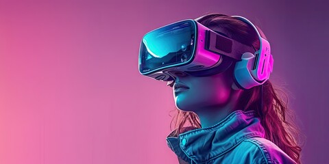 Futuristic virtual reality experience with young woman immersed in digital innovation wearing VR headset and glasses. Modern entertainment technology blends with neon light and cyberspace concept - obrazy, fototapety, plakaty