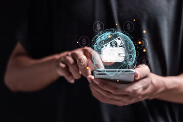 Digital wallet or E wallet concept. Person use smartphone with virtual digital wallet icon for online payment. Mobile banking, online finance, e-commerce. Digital economy used for web and mobile.