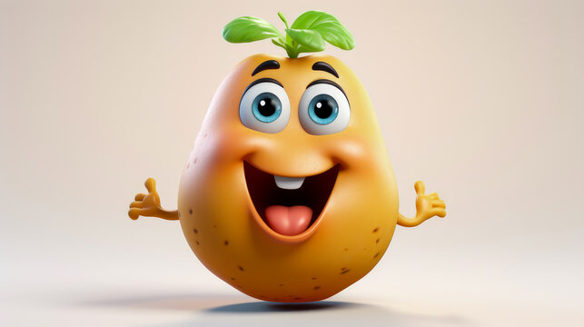 Potato with a cheerful face 3D on a white background.