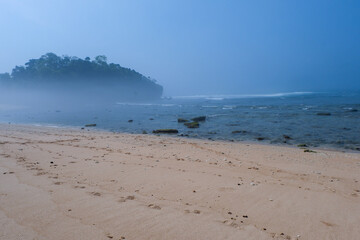 the landscape of the bright coastline is shrouded in a little mist