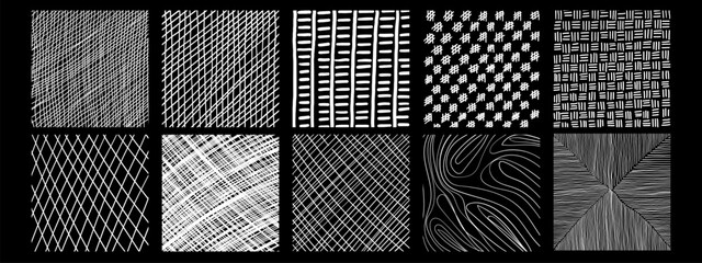 Line texture set with different hand drawn patterns. Vector scribble, horizontal and wave strokes collection.