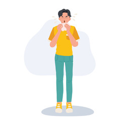 Allergy and Cold Prevention concept. man sneezing with tissue paper