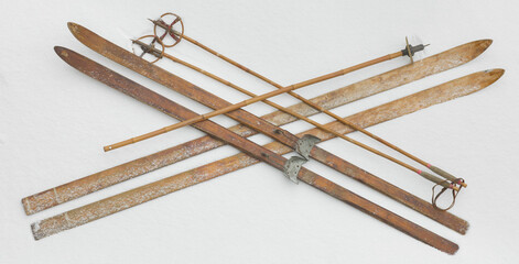 wooden skis on white snow