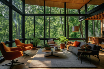 The elegance of a mid-century loft home, featuring a modern living room with expansive forest views, natural lighting, and stylish wood accents.
