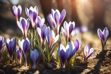Crocus spring flowers in garden. Sunny time springtime day with sunshine light. Close-up. Shallow...