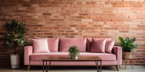 Actual picture of a pink velvet couch, greenery, coffee table with mugs on a brick wall in a living space.