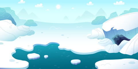 Fototapeta na wymiar Cartoon arctic horizontal landscape. Northern stylized vector background panorama. Polar day empty background.