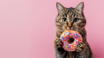 cute  tabby cat holding a donut on background pink with copy space
