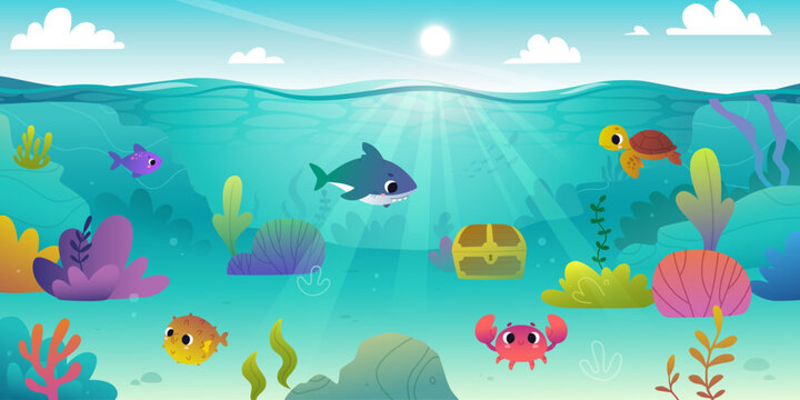 Cartoon seabed with cute sea animals. Colorful vector underwater seascape with algae and baby animals.