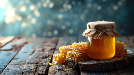Jar of honey with honeycomb and honey dipper, isolated on wooden table. front view. copy space. mock up. front view. - obrazy, fototapety, plakaty