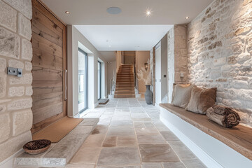 Experience the inviting ambiance of a modern entrance hall, artfully combining a coastal theme with the natural beauty of stone tiles and rustic wood.