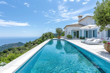 Experience the epitome of summer luxury in a traditional Mediterranean white house, featuring a sparkling pool on a hill with breathtaking panoramic sea views.