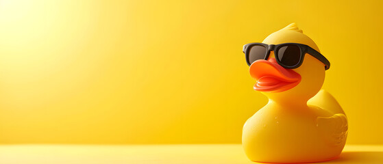 Υellow rubber duck toys wearing sunglasses isolated on yellow background. copy space, mock up. top view. - obrazy, fototapety, plakaty