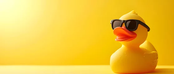 Foto op Plexiglas Υellow rubber duck toys wearing sunglasses isolated on yellow background. copy space, mock up. top view. © Almultazam