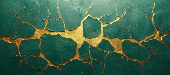 textured surface with green and gold cracks creating an abstract pattern, resembling artistic luxury