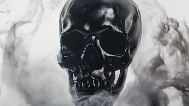 A pitch-black skull surrounded by smoke, symbolizing mystery, and conveying a strong visual impact.
