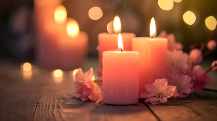 Obraz na płótnie Canvas Beautiful burning tall candles with flowers on a dark background with bokeh near the window