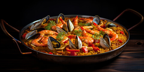 grilled chicken with vegetables, A pan of seafood rice and shrimp, Gourmet paella with seafood fresh and healthy,   Generative AI
