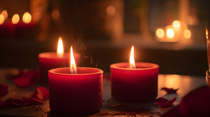 Beautiful burning tall candles in a dark room