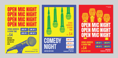 set of Open Mic Night posters, modern and elegant design, indie, live performance comedy show, stand up comedy poster, colorful palette