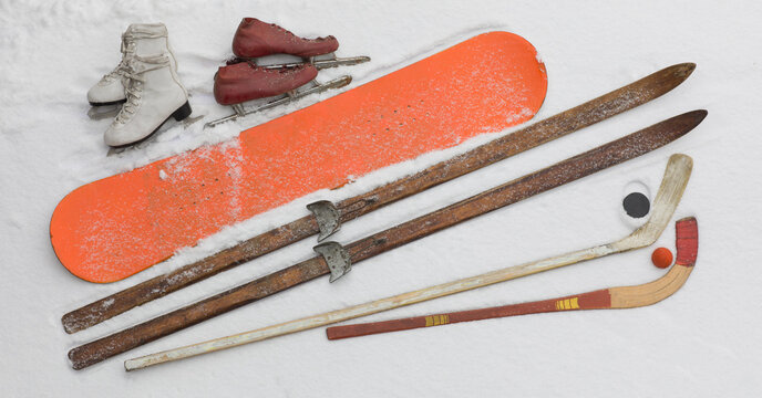 vintage sports equipment for winter sports on snow