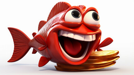 Red fish with a cheerful face 3D on a white background.