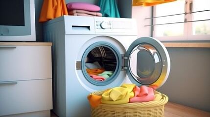 Modern washing machine with dry cleaning and clothes in the house laundry room. Created with Generative AI