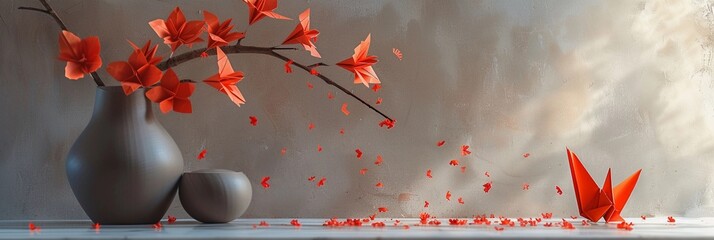 Origami Still Life, sophisticated still life arrangement with origami objects, background image, generative AI