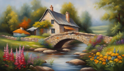 Old castle in the autumn. Oil painting art