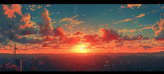 Anime-style panoramic view of a cityscape bathed in the golden hues of sunset, with a dramatic sky transitioning from blue to fiery orange above the twinkling urban lights.