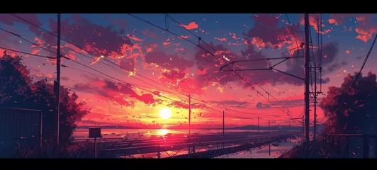 Foto op Canvas Anime-style scene captures a serene sunset at a suburban train station, with power lines silhouetted against a sky of fiery crimson and gold. © Maxim