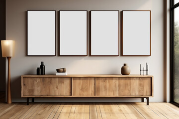 A Blank Picture Frame on a Scandi Interior Wall, Bathed in Soft Natural Light from the Window. Made with generative AI technology