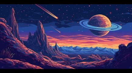 Retro pixel art of a majestic space landscape with a grand ringed planet dominating the star-studded sky above rugged terrain and rock formations, evoking classic sci-fi adventure. - obrazy, fototapety, plakaty