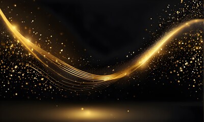 Fototapeta na wymiar Abstract dark background with glowing particles, gold waves, and stars. Galaxy, futuristic world. Designed for banners, wallpaper, template, background, postcard