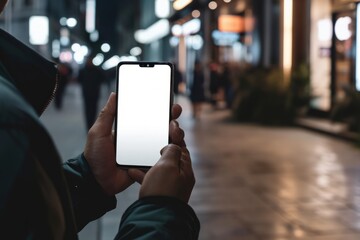 Mockup image of a man's hand holding black mobile phone with blank white screen on the street in the evening