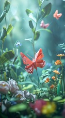 Origami Garden, illustrate an enchanting garden scene with origami flowers, plants and butterflies, background image, generative AI