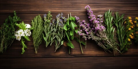 Floral herbs on wooden surface.