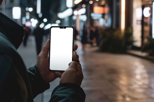 Mockup image of a man's hand holding black mobile phone with blank white screen on the street in the evening
