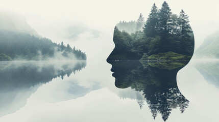 Outline of a human head containing a serene landscape background, symbolizing the concept of inner peace and mental tranquility with copy space